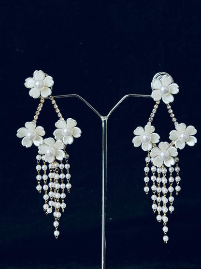 Pearl Flower Dangle Earrings with Crystal Accents