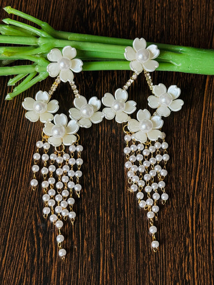 Pearl Flower Dangle Earrings with Crystal Accents