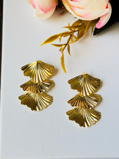 Triple Layered Shell Motif Gold Earrings