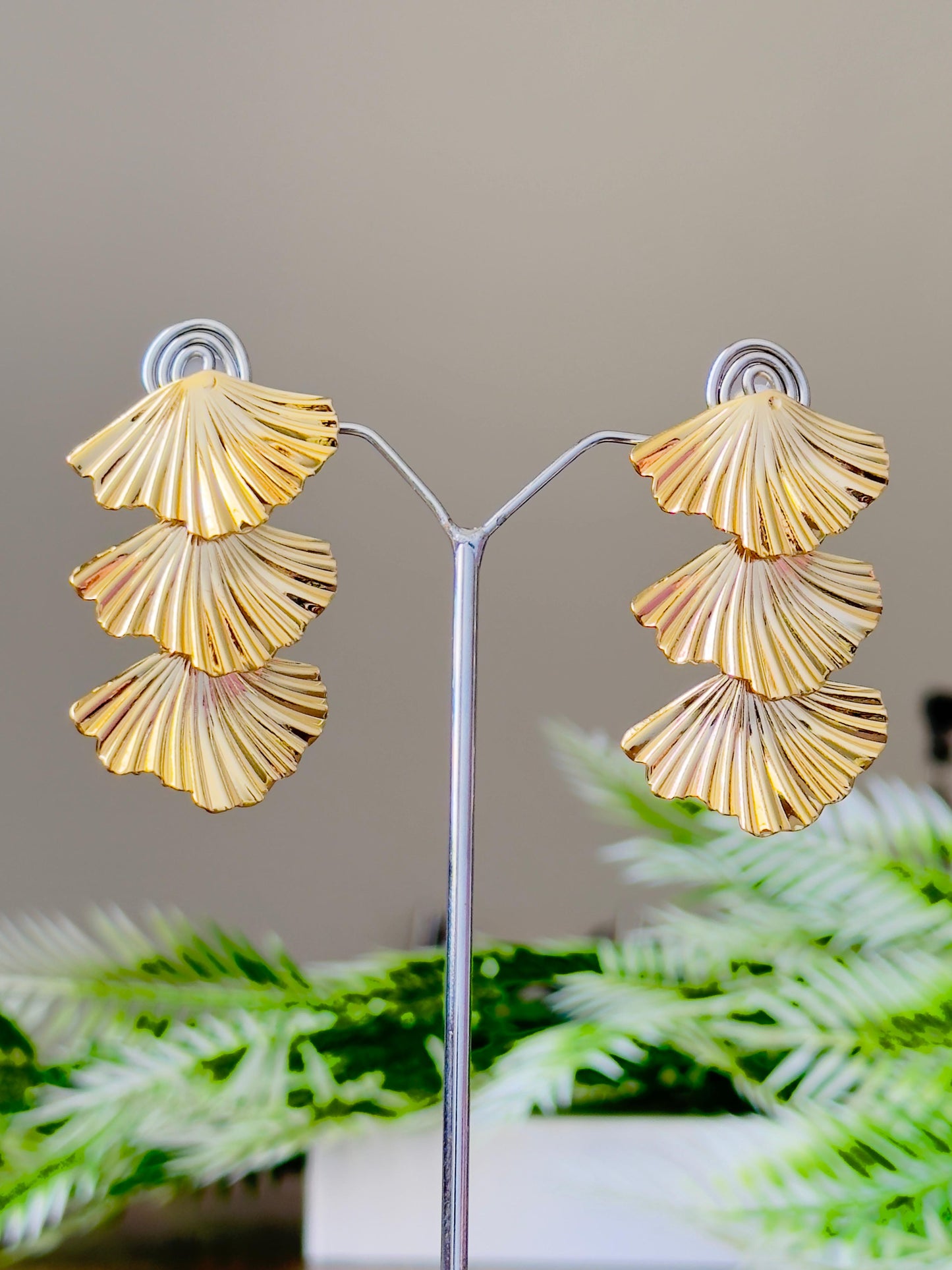 Triple Layered Shell Motif Gold Earrings