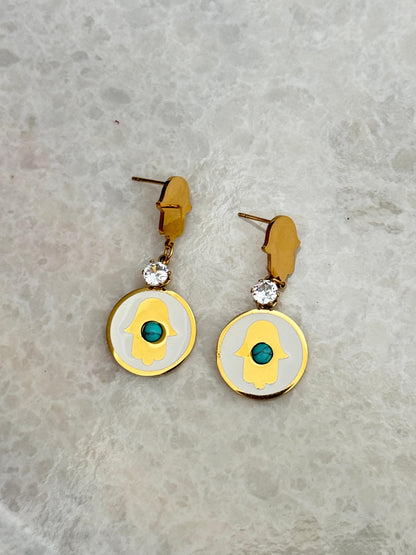 Golden Hamsa Drop Earrings with Turquoise Charm