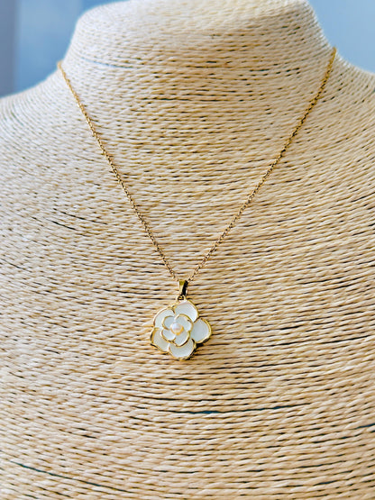 Gold-Plated  White Enamel Flower Pendant Necklace