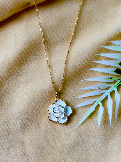 Gold-Plated  White Enamel Flower Pendant Necklace