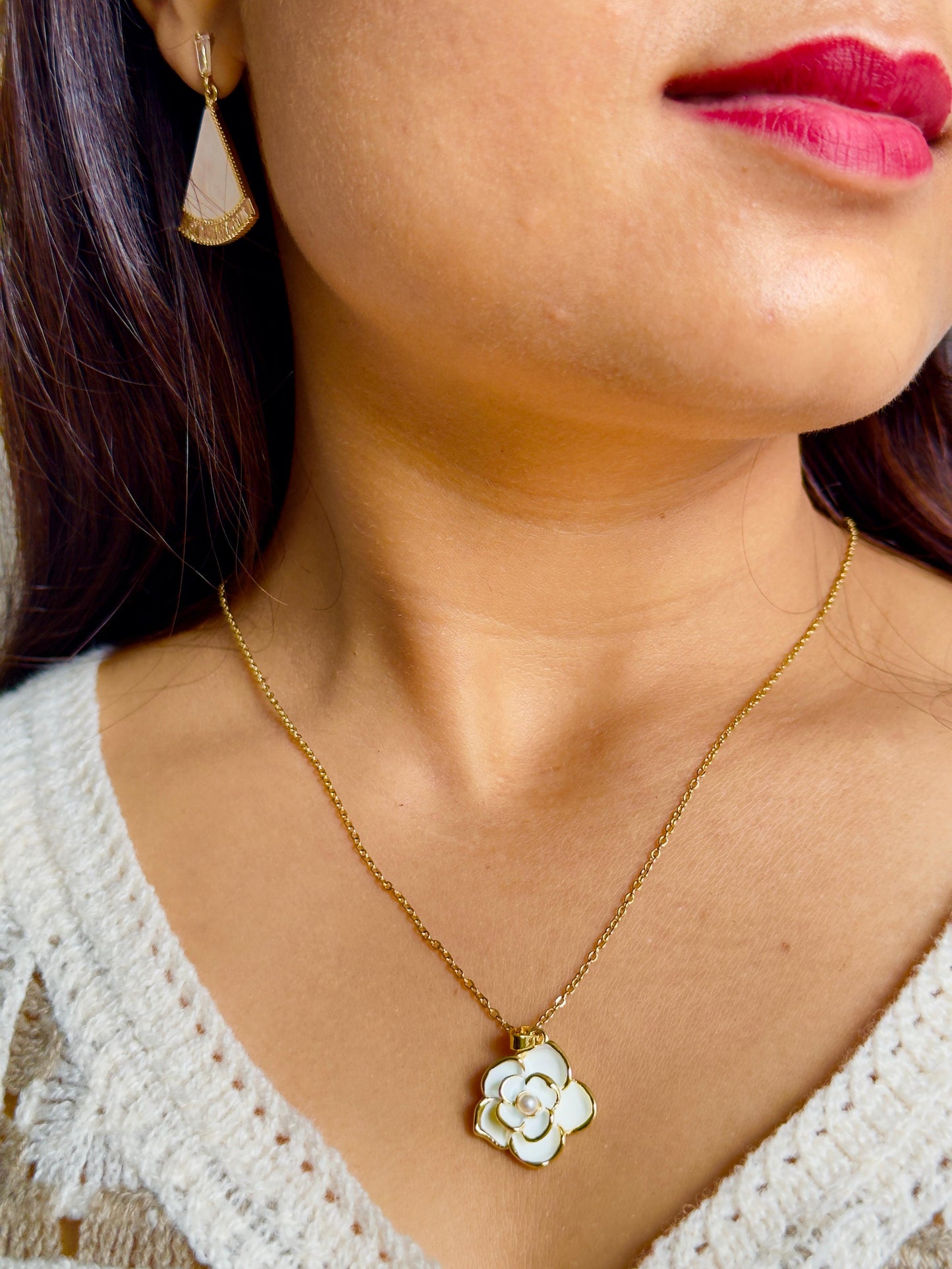 Gold-Plated  White Enamel Flower Pendant Necklace