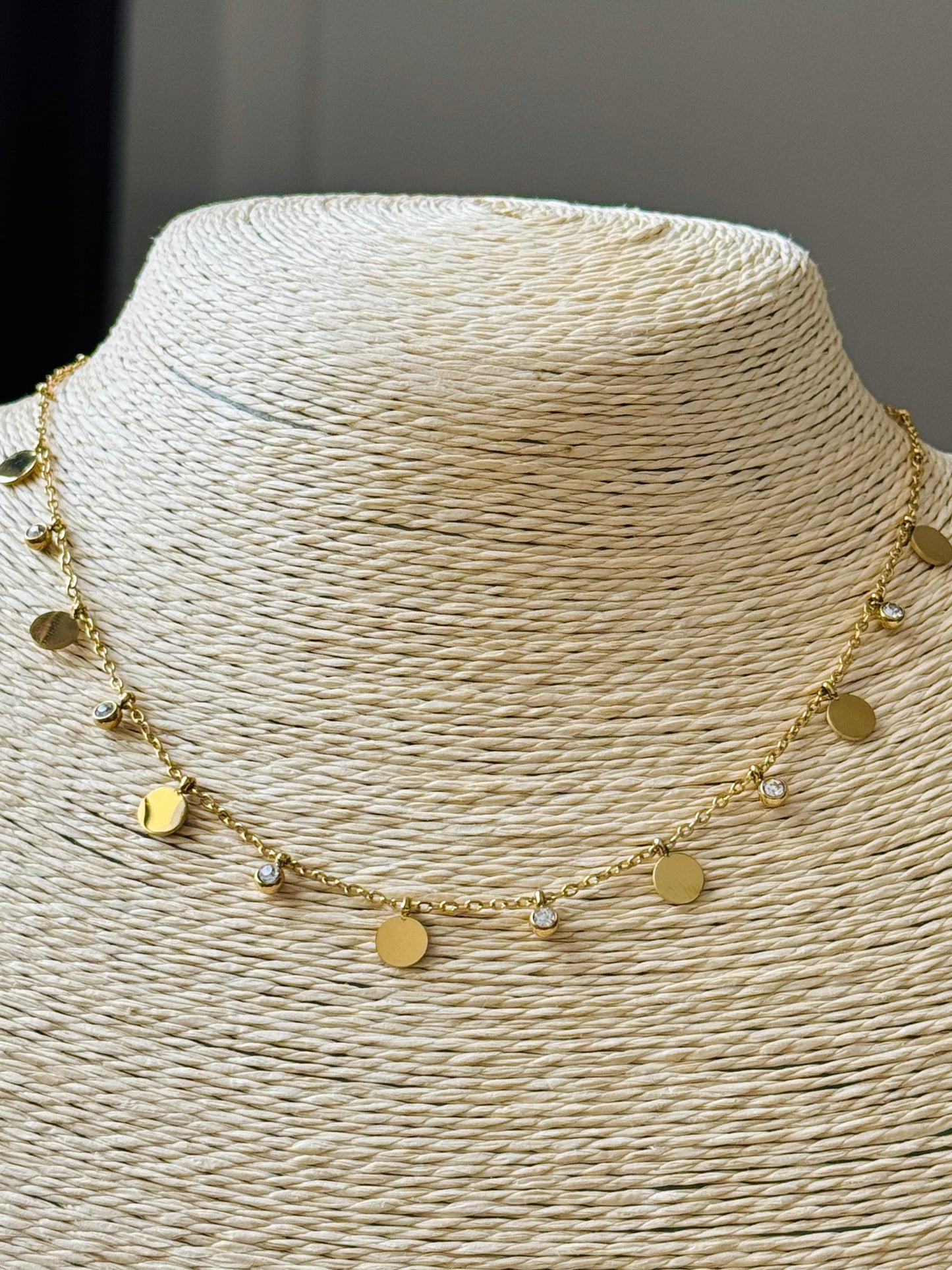 Gold Plated Discs and Crystals Charm Necklace